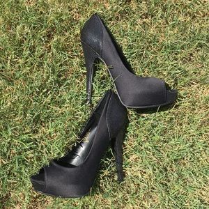 Black Satin Peeptoe Heels